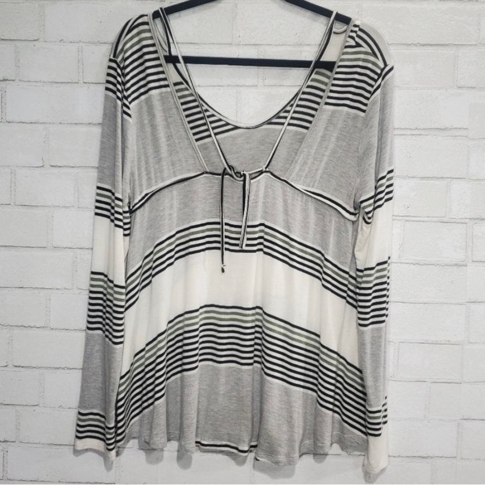 Lush Stripe Low Back-Tie Long Sleeve Waterfall Shirt.